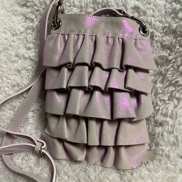 NWOT Maurizio Taiuti leather soft iridescent pink ruffle small crossbody bag - Picture 5 of 11